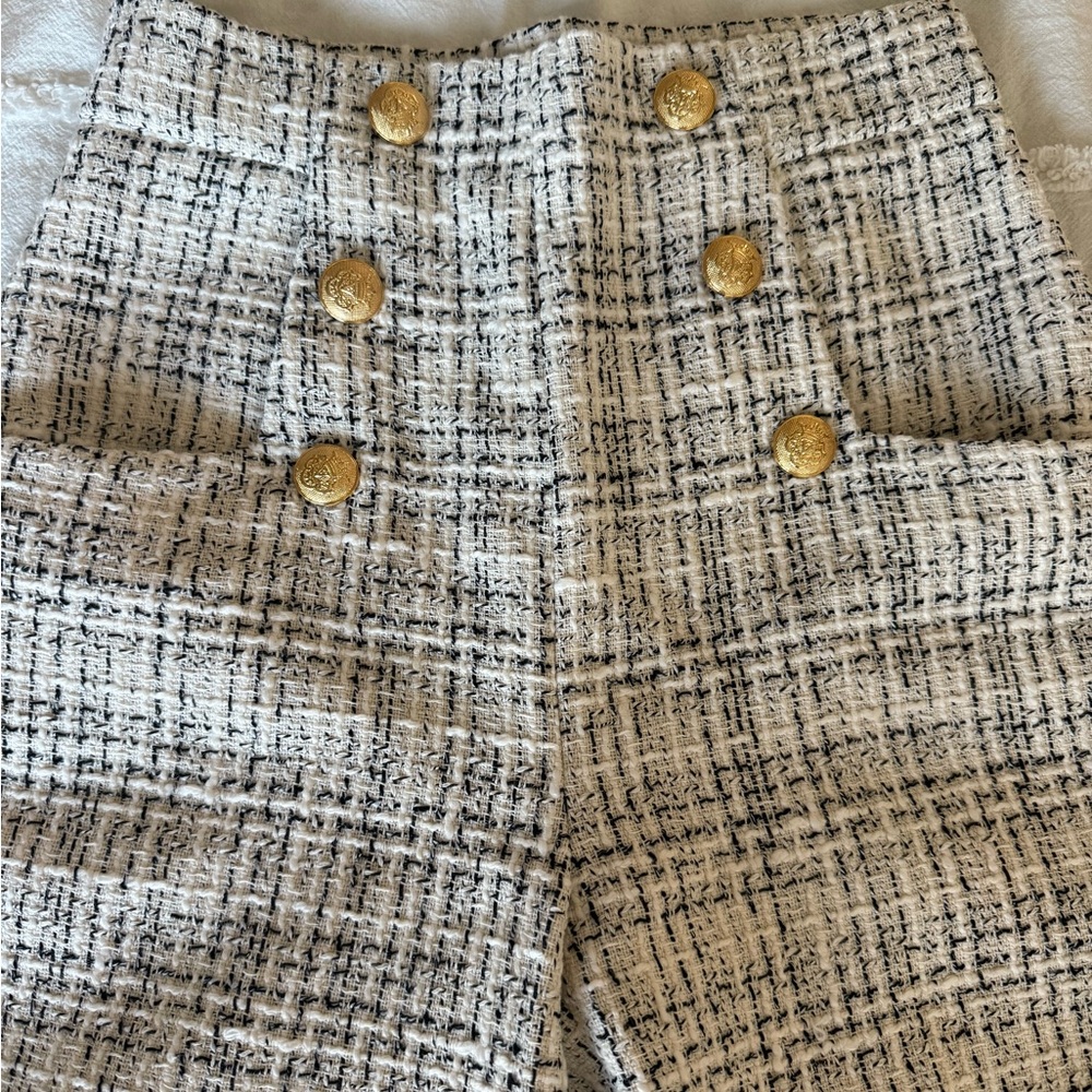 Zara High Waist Tweed Crop pants - Black and White with Gold Buttons